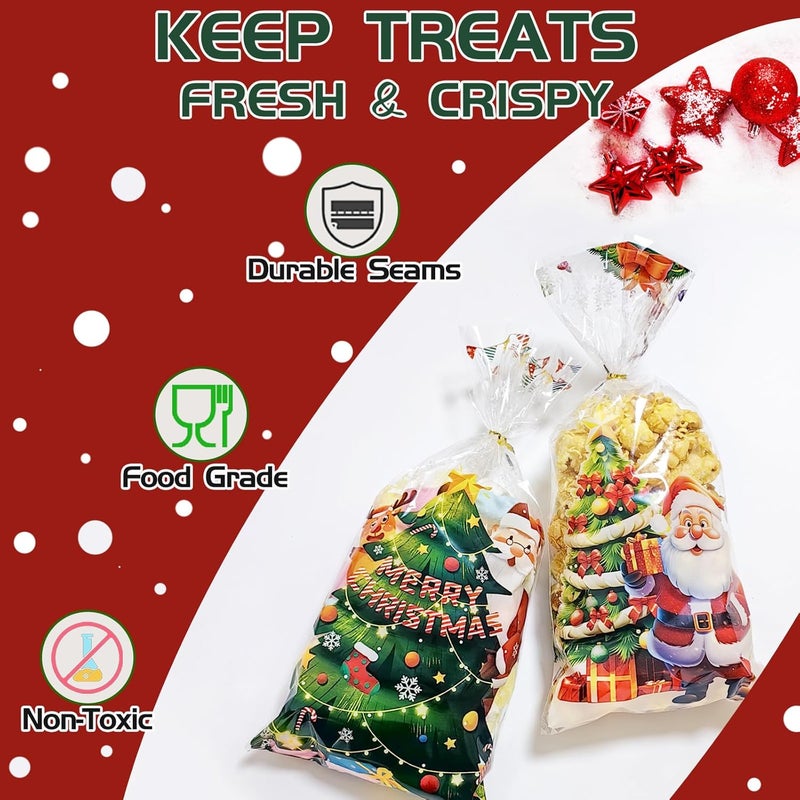 QOIUSO 120 Pcs Christmas Treat Bags with 135 Gold Twist Ties – 4 Styles Clear Cellophane Holiday Gift Bags for Candy, Cookies, Goodies & Party Favors - Image 3